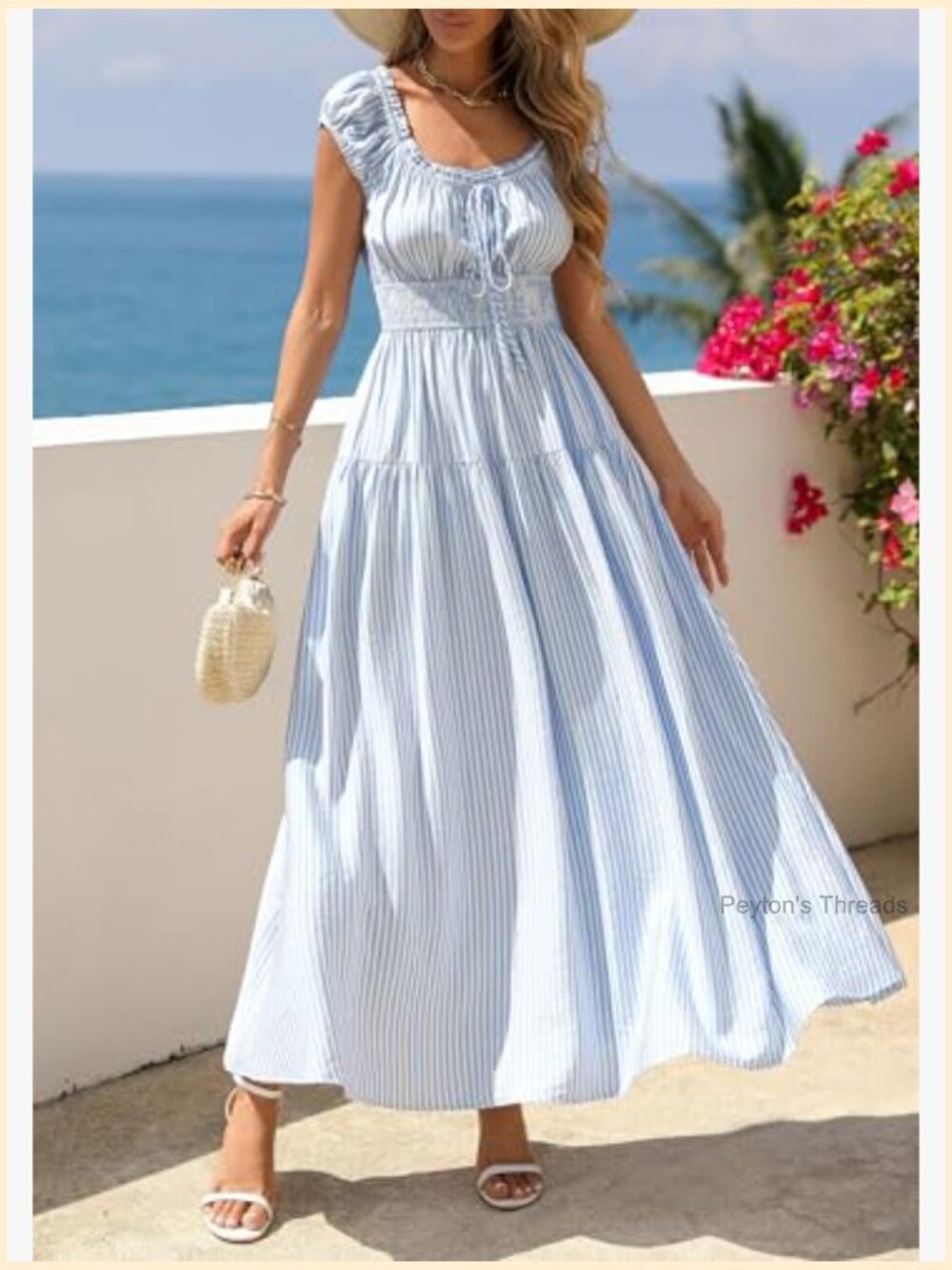 Boho Maxi Dress with Pockets Flowy Square Neck Cap Sleeve - Picture 2 of 7